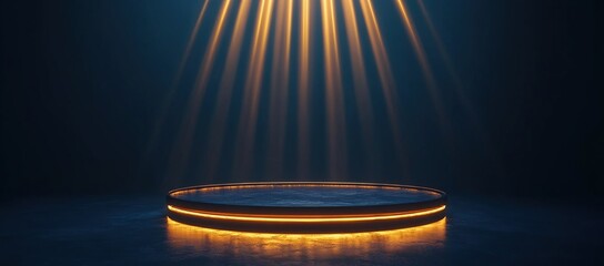 Obraz premium Dark background, a podium illuminated with a light beam and rays of golden neon lights on a dark blue wall