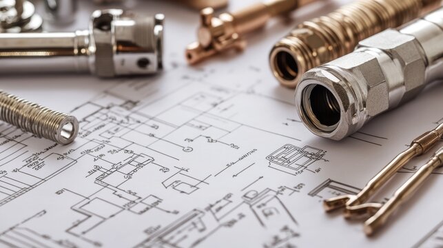 plumbing details placed on technical drawings and diagrams, close-up