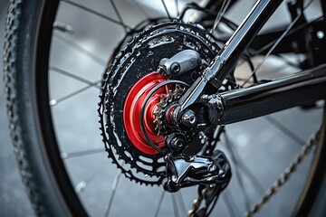Fototapeta premium Close-up of the rear wheel and center hub on an electric mountain bicycle