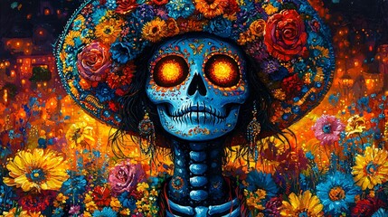 Colorful skeleton in a vibrant sombrero captures the festive spirit of Día de los Muertos, perfect for event promotions, decorations, and cultural celebrations.