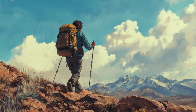 A lone hiker with a backpack and trekking poles walks along a mountain ridge with snow-capped peaks in the distance.