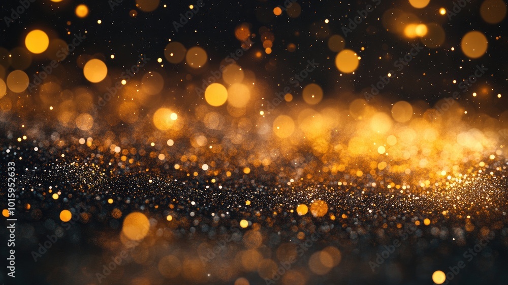 Poster shining gold glitter floating on a dark background, creating a mesmerizing and elegant visual for gl