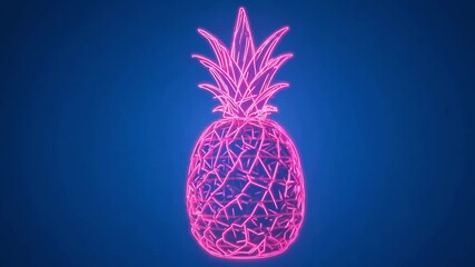Holographic wireframe pineapple in pink color, spinning against a blue background in a dynamic shot, creating a futuristic and vibrant visual effect - Powered by Adobe