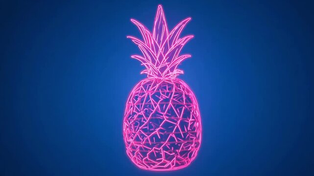 Holographic wireframe pineapple in pink color, spinning against a blue background in a dynamic shot, creating a futuristic and vibrant visual effect
