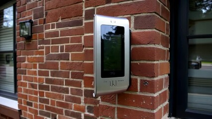 A modern intercom system mounted on a brick wall, showcasing sleek technology for residential communication and visitor management.