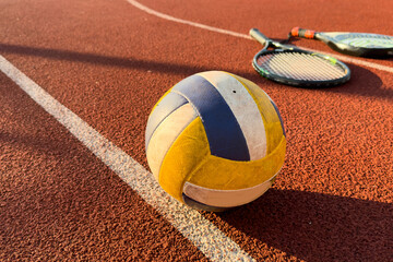 High Angle View Of Various Sport Equipments On playground