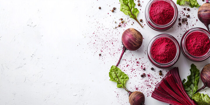 Fresh beets and jars of beetroot powder on a white surface, showcasing natural food ingredients, superfoods, and health-boosting powders for cooking and nutrition.