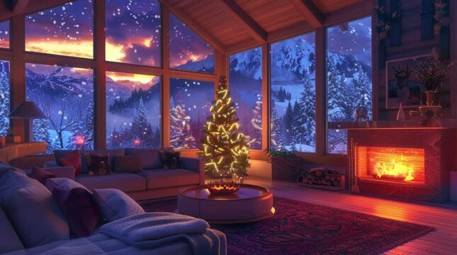 Cozy room with a window showcasing a serene winter landscape at night, creating a warm and inviting atmosphere
 Seamless looping 4k time-lapse virtual video animation Generated AI