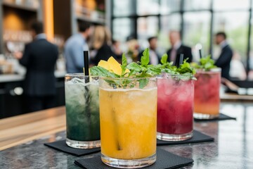 Cocktail networking event with colorful drinks. Attendees are mingling and discussing business opportunities, Generative AI