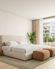 Modern bedroom interior featuring a neutral color palette and ample natural light with greenery