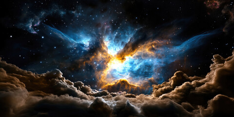 Fototapeta premium A breathtaking image of a vibrant nebula in deep space, featuring swirling clouds of blue and orange light, surrounded by a star-filled galaxy in a vast and mysterious cosmic landscape.