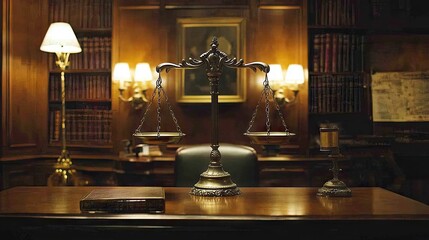 The elegant scales of justice placed on a polished mahogany desk, symbolizing law and order, with soft lighting highlighting the fine details.