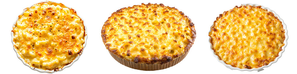 Southernstyle mac and cheese with a golden baked top, isolated on white background