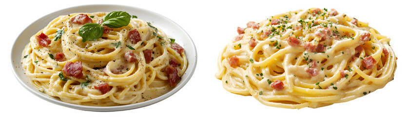 Classic spaghetti carbonara with creamy sauce and pancetta, isolated on a white background