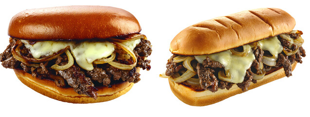 Philly cheesesteak sandwich with sauteed onions and melted provolone, isolated on white