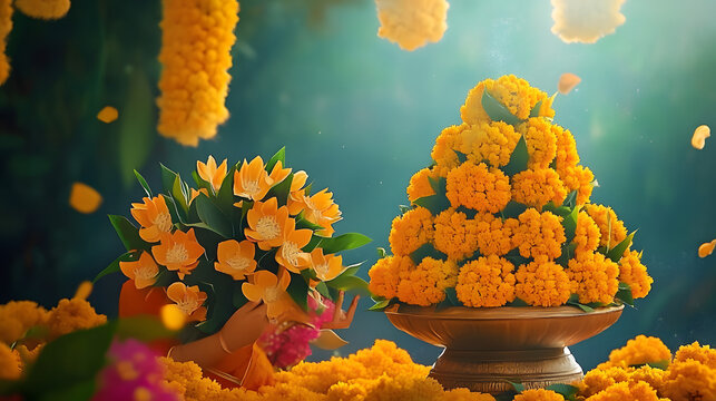 Happy Bathukamma Greetings In Telugu language Typography. Abstract Yellow Traditional floral Background