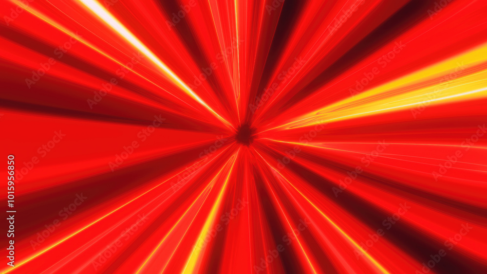 Poster a dynamic burst of vibrant red and yellow light rays creating high-energy tunnel effect with speed a