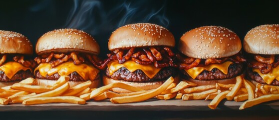 Mark Greasy Food Day with a tantalizing real picture showcasing an array of indulgent, crispy treats like fries, burgers, and pizza, highlighting their mouthwatering appeal and satisfying allure 