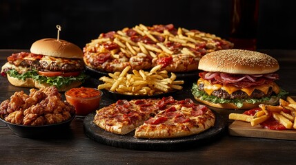 Mark Greasy Food Day with a tantalizing real picture showcasing an array of indulgent, crispy treats like fries, burgers, and pizza, highlighting their mouthwatering appeal and satisfying allure 