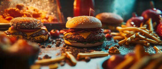 Mark Greasy Food Day with a tantalizing real picture showcasing an array of indulgent, crispy treats like fries, burgers, and pizza, highlighting their mouthwatering appeal and satisfying allure 