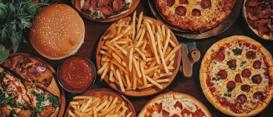 Mark Greasy Food Day with a tantalizing real picture showcasing an array of indulgent, crispy treats like fries, burgers, and pizza, highlighting their mouthwatering appeal and satisfying allure