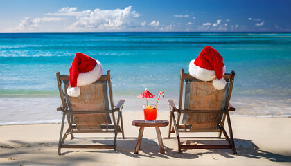 Beach Chairs with Santa Hats Overlooking the Ocean
