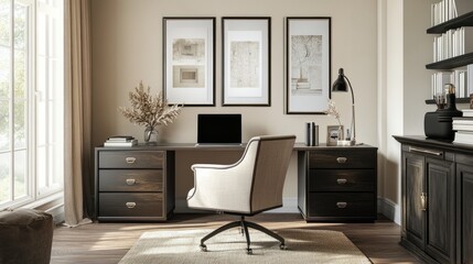 Elegant home office with a chair, desk, and black mock-up frame, featuring a laptop, books, and decorative accessories, plenty of room for copy