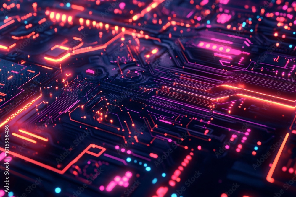 Poster a computer chip with a red and blue background