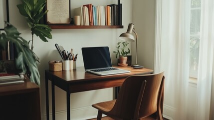 Elegant home office with a stylish chair, desk, laptop, and black frame, organized books and decor items, offering ample copy space