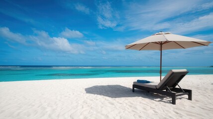 Fototapeta premium Beach lounge chair with umbrella on white sandy shore and turquoise ocean.