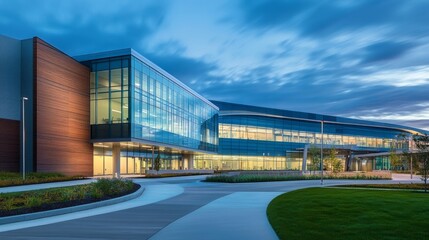 Fototapeta premium Exterior view of a contemporary hospital building, featuring large glass windows, sleek lines, and innovative architecture