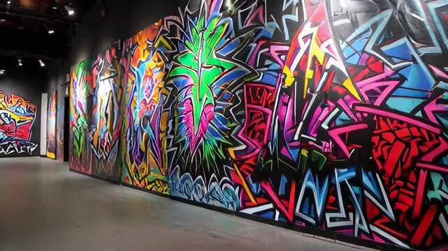 Colorful graffiti murals fill the walls of an urban gallery, showcasing creativity and artistic expression in a vibrant atmosphere.