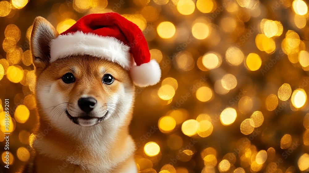 Poster Shiba inu dog with Santa hat on golden bokeh background. Christmas, New year festive Shiba inu puppy portrait  