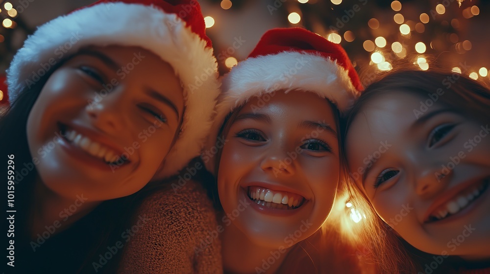 Wall mural Selfie photo portrait of cheerful joyful happy family wearing a red santa hats on a cozy Christmas evening  