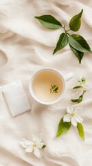 Obraz na płótnie Canvas Minimalistic, light beige background with white tea cup and small flowers, white cloth napkin next to it, flat lay photography style, simple and clean composition, natural lighting, high resolution