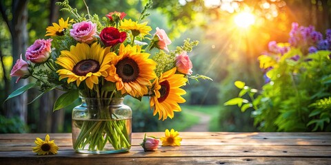 Fototapeta premium Sunlit Bouquet of Vibrant Sunflowers and Delicate Pink Roses in a Glass Vase on a Rustic Wooden Table