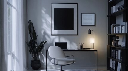 Fancy interior of home office, featuring a stylish chair, black poster frame, laptop, books, and elegant accessories, perfect space for a professional display