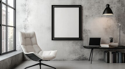 Fancy interior of home office, featuring a stylish chair, black poster frame, laptop, books, and elegant accessories, perfect space for a professional display