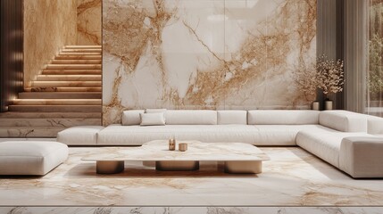 Premium luxury modern family room with marble table and sofa. Palissandro classico - natural marble stone texture, photo of slab. Beautiful simple 