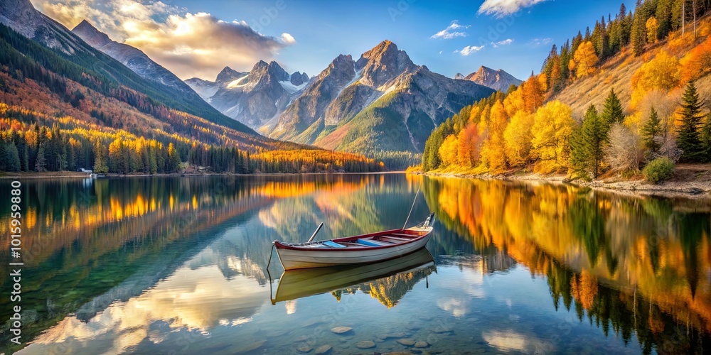 Sticker A solitary boat rests on tranquil waters, reflecting the golden hues of autumn foliage against a backdrop of majestic mountain peaks.