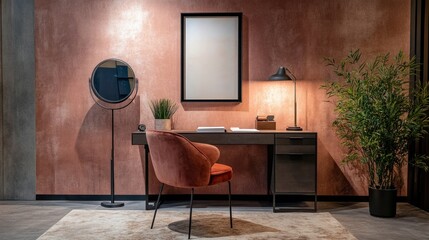 Fancy office setup with a stylish chair, black poster frame, commode, desk, elegant home decor, and accessories, spacious atmosphere with room for copy