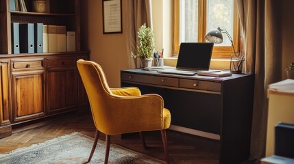 Home office with a stylish chair, elegant desk, laptop, and black frame, decorated with elegant personal items, ample copy space