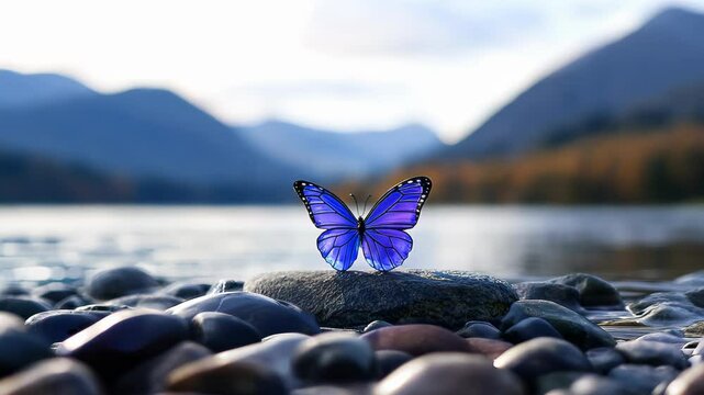 Tranquil mountain lake shore. Smooth rocks in foreground. Vibrant purple glass butterfly perched on stone. Misty mountains in background. Serene atmosphere with soft lighting. 