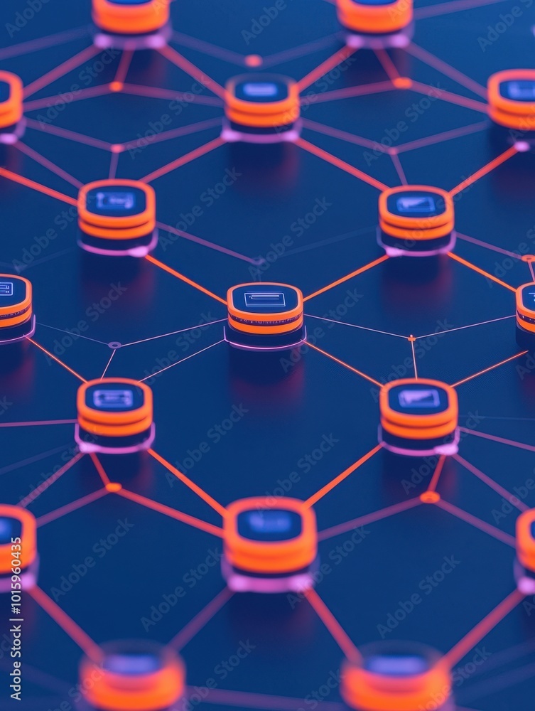 Poster abstract network connections with glowing nodes on a dark background.