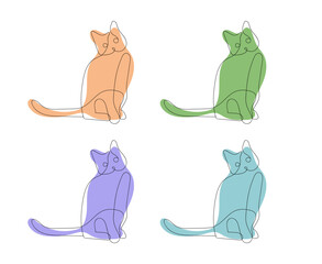 Cat in one line style in different colors on a white background.