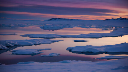 Naklejka premium A frigid polar sky with deep blues and purples, with the last rays of sunlight just visible over the horizon, reflecting on ice-covered terrain 