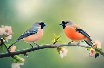 Fototapeta premium Little birds sitting on branch of tree. Male and Female common bullfinch