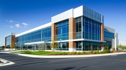 Modern hospital building exterior with sleek architecture, clean lines, and large glass windows, capturing the essence of healthcare design