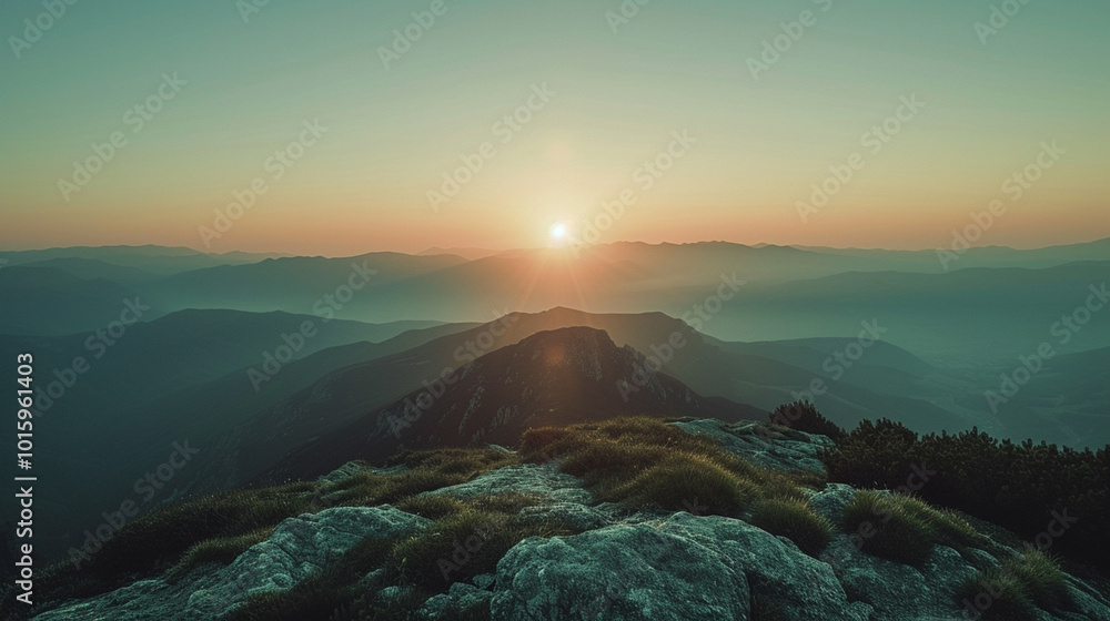 Aufkleber a mountain range with a sun setting in the background