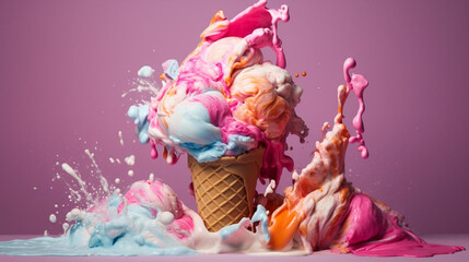 Variety of ice cream scoops in waffle cone isolated on plain background. Summer refreshment swirl splash. Generative AI